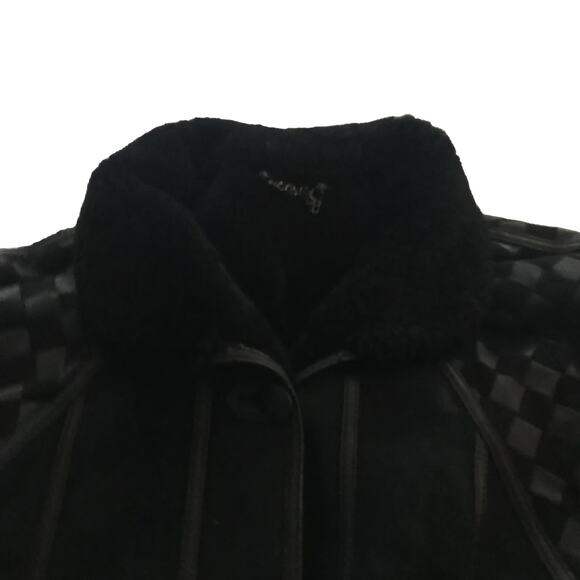 Toppolino Black Coat Fine Leatherwear Shearling Lined XS Checkered Vintage - Picture 5 of 12